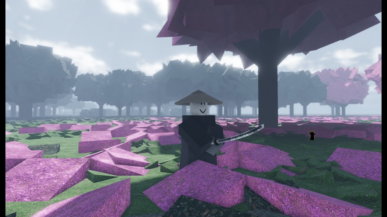 Bug Fixes ronin in a straw hat drawing a katana among pink cherry-petal fields