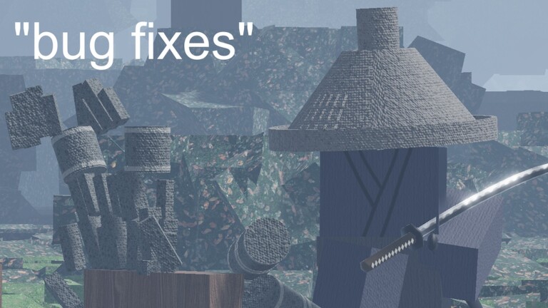 Bug Fixes landscape with a stone lantern, stacked rocks, and a sheathed katana